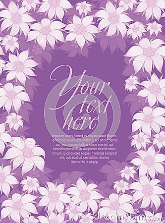 Frame flower. Background of flowers for a poster, invitation, postcard, photo frame, packing paper. On a violet background. Vector Illustration