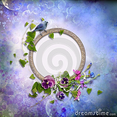 Frame with flowers and a bird on a vintage background Stock Photo