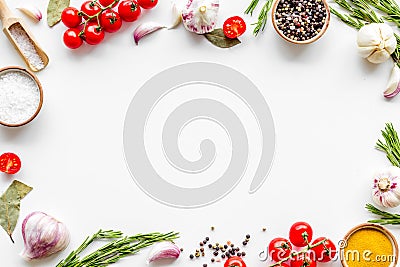 Frame of food for chef work on white background top view space for text Stock Photo