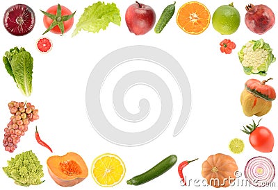 Frame fresh fruits, vegetables and berries isolated on white background Stock Photo