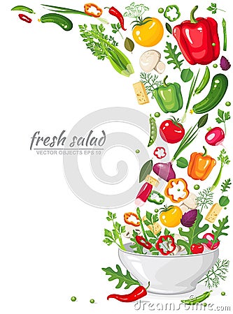 Frame of fresh, ripe, delicious vegetables in vegan salad isolated on white background. Healthy organic food in a plate Vector Illustration