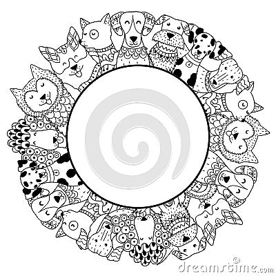 Frame with funny dogs for coloring page. Place for your text Vector Illustration