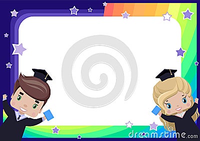 Frame with a girl and a boy graduates in graduation gowns and hats Vector Illustration