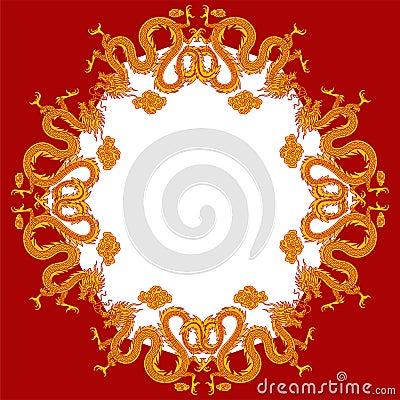 Frame with golden dragons on a red background for decoration or advertising to greet any festival Vector Illustration