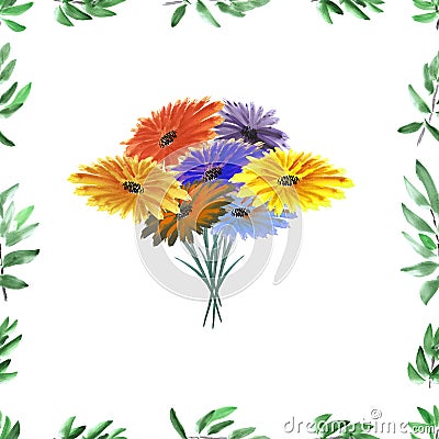 Frame with green foliage and bright floral bouquet on a white background. Watercolor seamless pattern Stock Photo