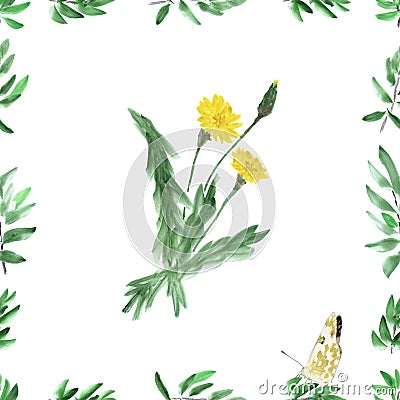 Frame with green foliage and yellow dandelion on a white background. Watercolor seamless pattern Stock Photo