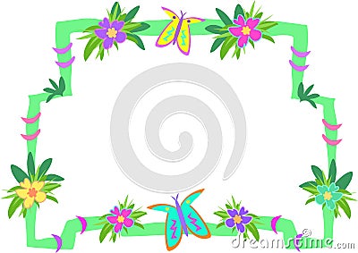 Frame of Green Sticks, Flowers, and Butterflies Vector Illustration
