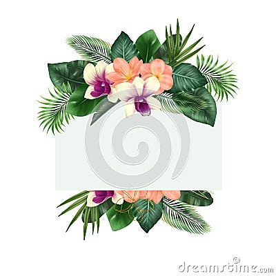 Frame of green tropical leaves, clivia and orchid flowers Cartoon Illustration