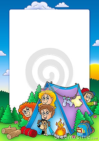 Frame with group of camping kids Cartoon Illustration