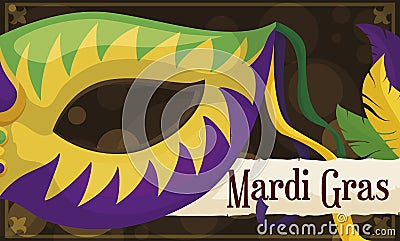Frame with Half-mask, Scroll and Feathers for Mardi Gras Celebration, Vector Illustration Vector Illustration