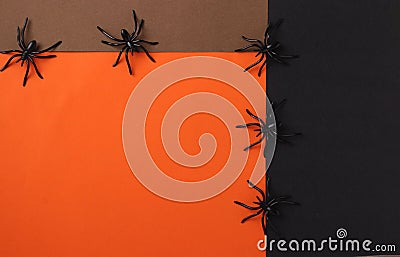 Frame Halloween with black spiders, black, brown and orange background. Flat lay. Copy space. Top view Stock Photo