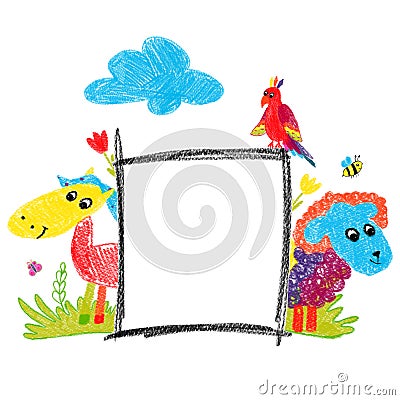 Frame of hand-drawn animals with cloud and grass. White background. Sheep, horse, parrot. For text Stock Photo