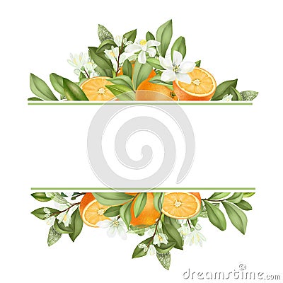 Frame of hand drawn blooming orange tree branches, flowers, oranges Stock Photo