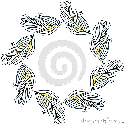 Frame with hand drawn feathers, ornate color plumelet Cartoon Illustration