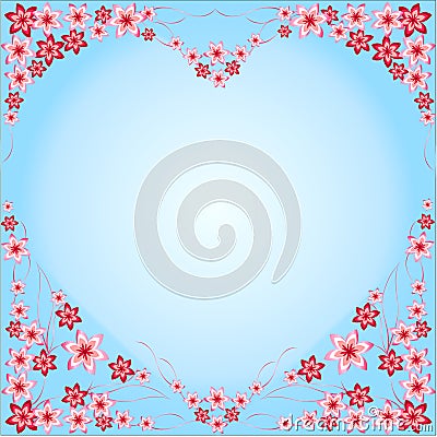 Frame Heart from flowers, red, pink, blue background, blue, heart-shaped, multicolored different, flowers, beautiful heart, intere Stock Photo