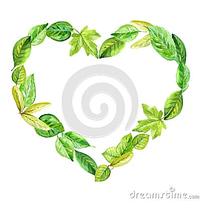 Frame heart made of various leaves in watercolor. Hand-painted design elements. Vector Illustration