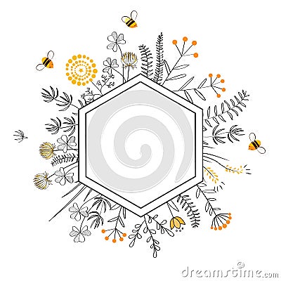 Frame with honey flowers and bees. Cartoon vector illustration Vector Illustration