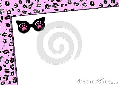 Frame with imitation leopard skin on a pink background, black sunglasses Stock Photo