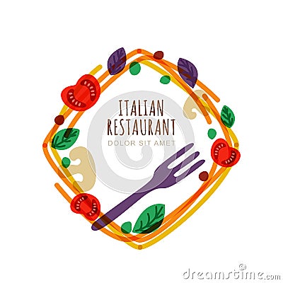 Frame with italian spaghetti, tomato, basil, fork. Vector logo, emblem design. Vector Illustration