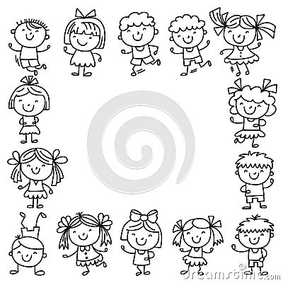 Frame with kids School, kindergarten. Happy children. Creativity, imagination doodle icons with kids. Play, study, grow Vector Illustration