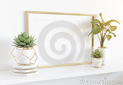 Frame leaning on white shelve in bright interior with plants and decorations mockup 3D rendering Stock Photo