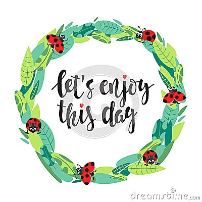 Frame with leaves, ladybirds and text Vector Illustration