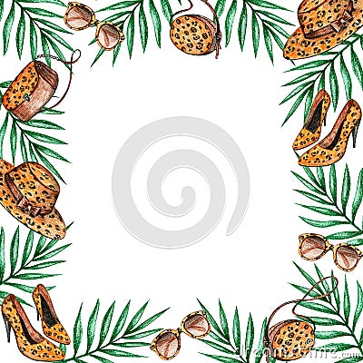 Frame leopard and tropical leaves Stock Photo