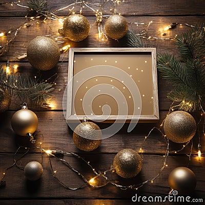 The frame lies on a wooden floor with fir branches, balls and glowing lanterns. Christmas background Stock Photo