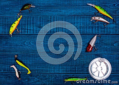 Frame with lures and fishing bytes. Stock Photo