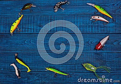 Frame with lures and fishing bytes. Stock Photo