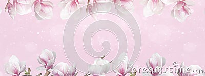 Frame made of beautyful flourish magnolia and soft flares and bokeh isolated on pink background banner panorama Stock Photo