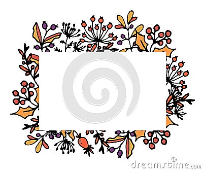 The frame is made of natural elements. colored twigs with leaves and berries around a white empty rectangle. rectangular frame for Vector Illustration