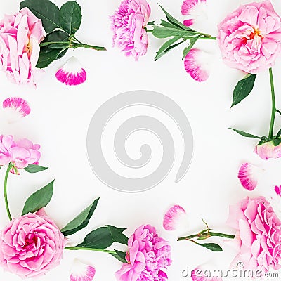 Frame made of pink peony flowers, leaves and petals with space for text on white background. Flat lay, top view. Peony flower text Stock Photo