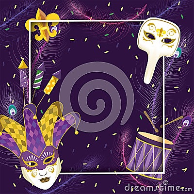 Frame with mardi gras masks and joker hat Vector Illustration