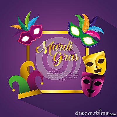 Frame with masks and hat decoration to mardi gras Vector Illustration