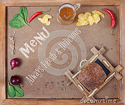 Frame for a menu or recipe with beer and snacks. Top view. Stock Photo