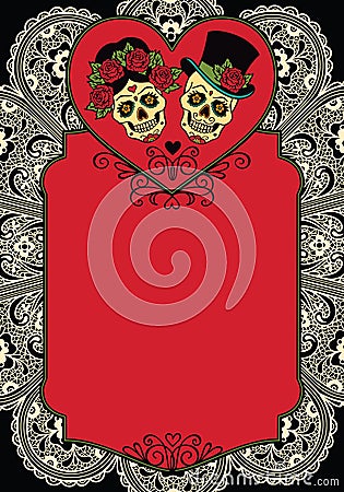 Frame with mexican sugar skulls and ornament. Dia de los Muertos Vector Illustration