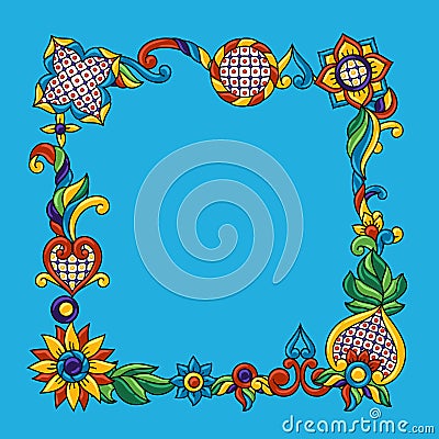 Frame with mexican talavera pattern. Decoration with ornamental flowers. Vector Illustration
