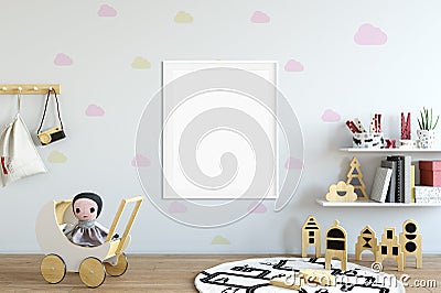 Frame mock up in child room interior. Interior scandinavian style. 3d rendering, 3d illustration Stock Photo