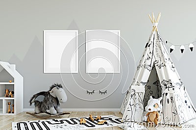 Frame mock up in child room interior. Interior scandinavian style. 3d rendering, 3d illustration Editorial Stock Photo