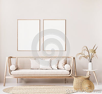 Frame mock up in farmhouse style living room with wooden trendy sofa and white vase with dried flowers Stock Photo