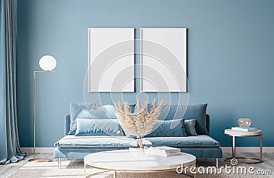 Frame mock up in luxury blue living room design Stock Photo