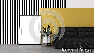 frame mock up with sofa scene with yellow mustard and black stripes wall Stock Photo