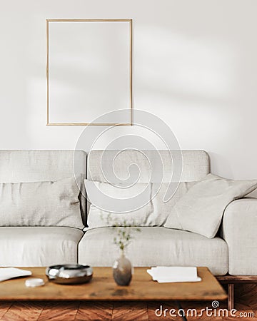 frame mock up on white wall with sunlight in living room interior with gray sofa and coffee table with decor, 3d Stock Photo