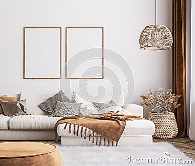 Frame mockup in bright living room design, white sofa in farmhouse boho interior style Stock Photo