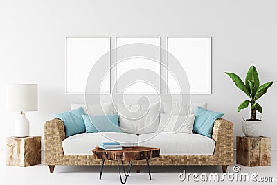 Frame mockup. Coastal Scandinavian interior style. 3d rendering, 3d illustration Stock Photo