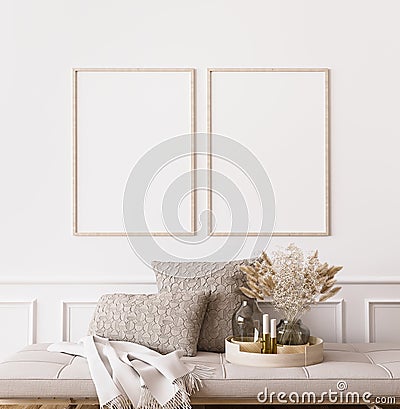 Frame mockup in contemporary living room design, two vertical frames on white wall background Stock Photo