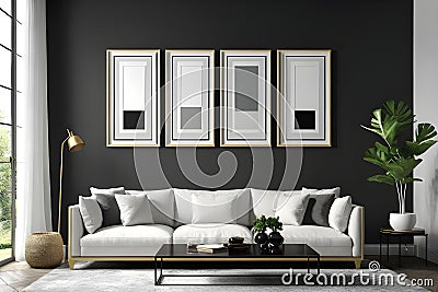 Frame mockup. 3d visualization of the living room for the presentation of wall decor. 2 frames for artworks. Stock Photo