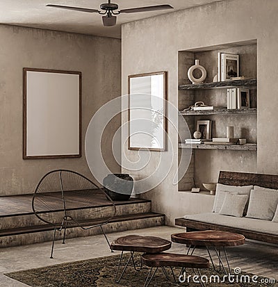 Frame mockup in earthy nomadic living room interior Stock Photo