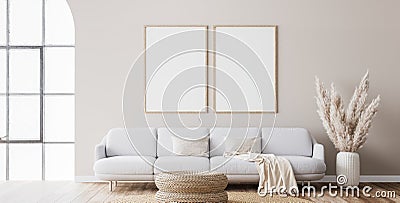 Frame mockup in farmhouse living room design, white furniture on bright wall background Stock Photo